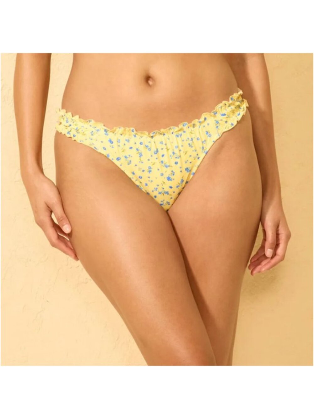 Wild Fable Yellow Floral Ruffle Bikini Bottom with Blue Print